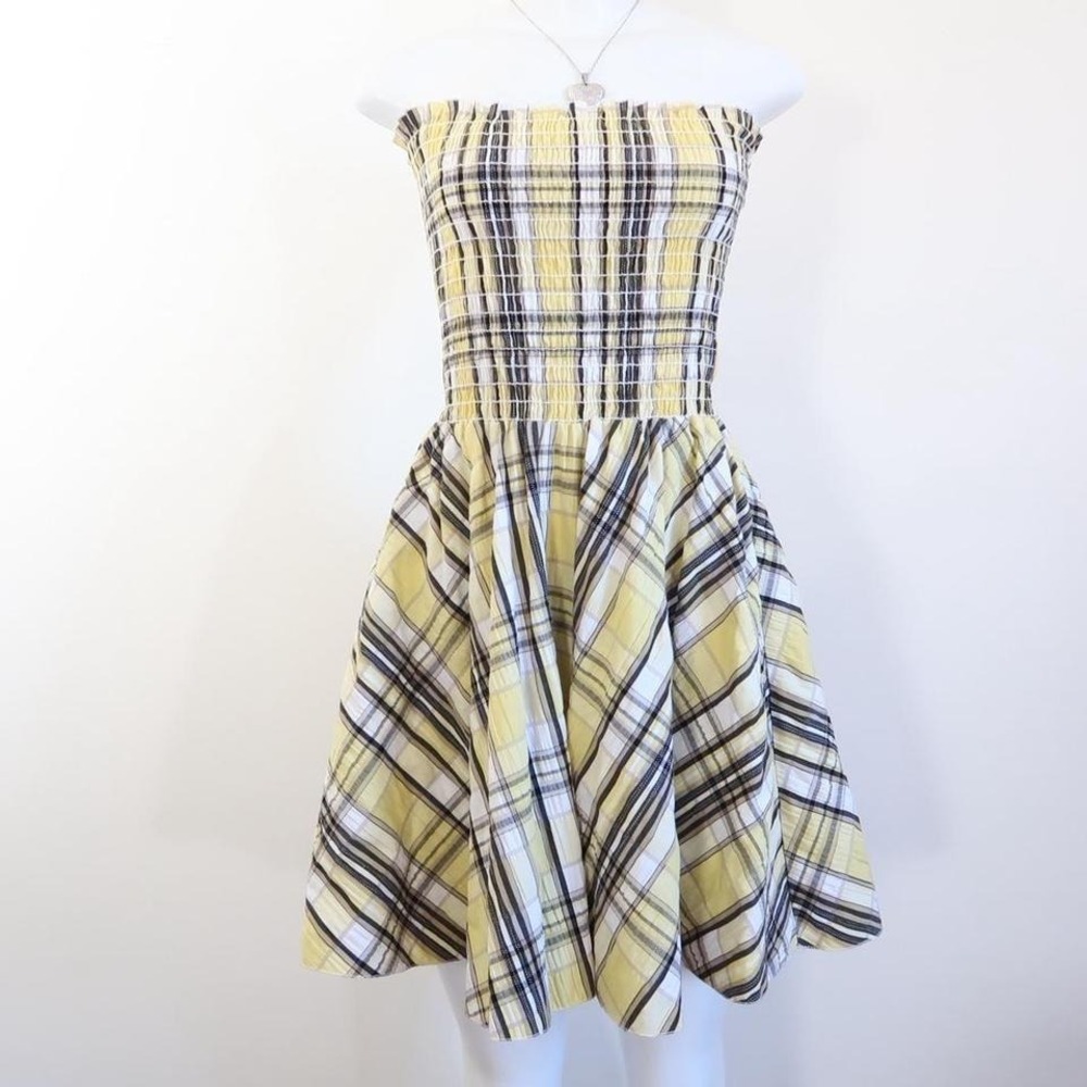 y2k yellow plaid strapless dress smocked skater